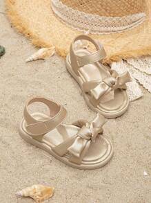 1 Pair Cute Striped Bow Hook And Loop Flat Sandals For Little Girls - Gold - View 5