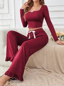 SHEIN 两件套撞色滚边长袖上衣和裤子睡衣套装，秋冬服装 - 酒紅色 - 查看 5