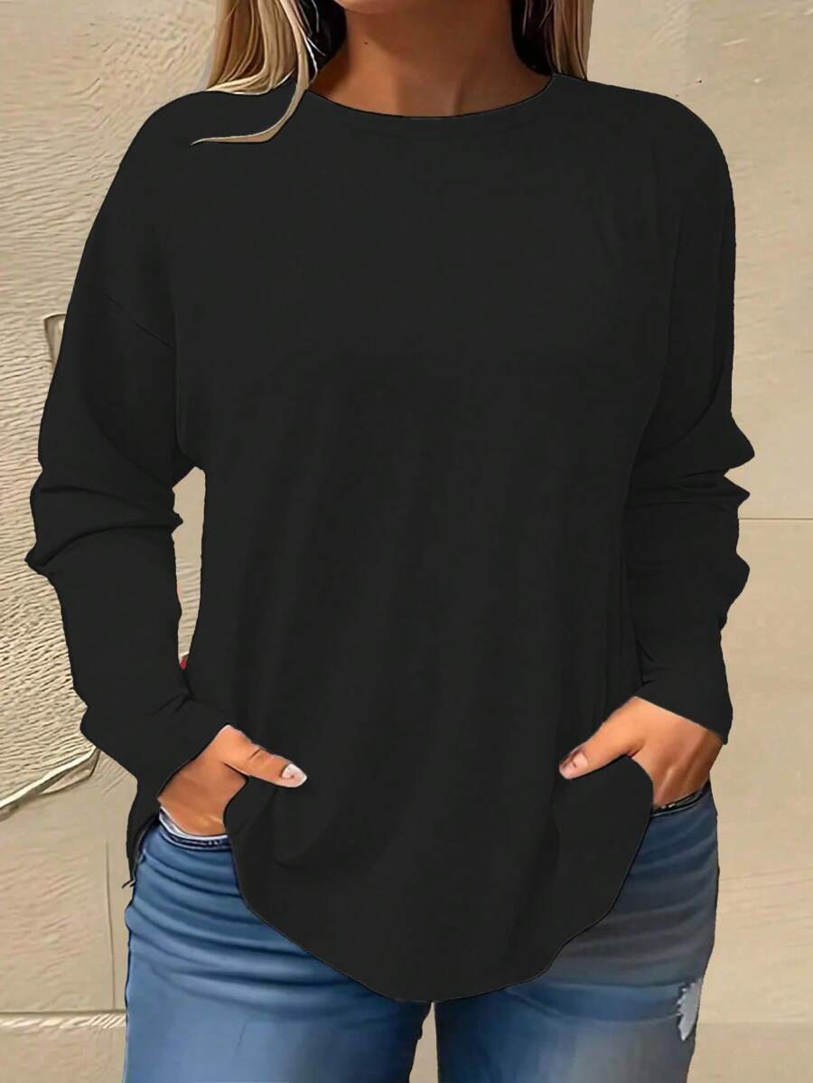 INAWLY Plus Size Women's Solid Color Plus Size Round Neck Long Sleeve Casual T-Shirt, Autumn - Black - View 1