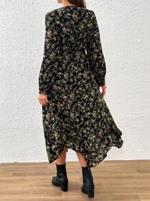 SHEIN LUNE Damen Große Größen Zufallsblumen Muster V-Ausschnitt Langarm Lässig Kleid - Verschiedenfarbig - Übersicht 2