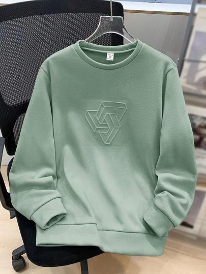 SHEIN 青少年男童休闲宽松舒适百搭纯色压纹图案圆领卫衣，适合上学和户外运动，秋冬季女童服装