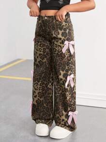 SHEIN Tween Girls Y2K Fashion Leopard Print Baggy Straight Leg Pants With Bowknot Decorated Pockets