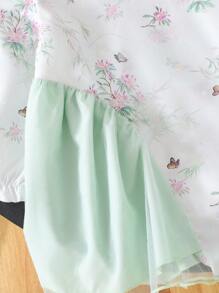 SHEIN Babygirl 春绿色优雅复古时尚数码印花柔软雪纺面料长袖立领分层荷叶边下摆汉服连衣裙适合派对 - 綠色 - 查看 5