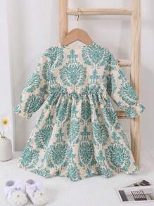 SHEIN Girls' Elegant Floral Print Long Sleeve Dress, Sweet Design For Autumn/Winter
