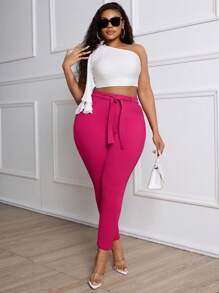 Plus Size Women Stretch Skinny Jeans With Rose Red Fashionable Belt Design - Hot Pink - View 6