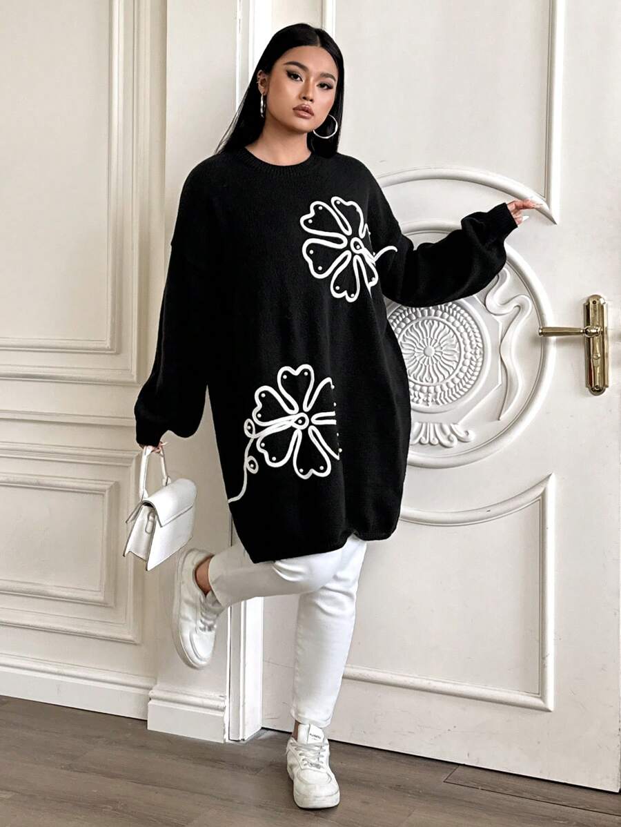 Mulvari 大码女式花卉图案圆领长袖毛衣，秋冬款