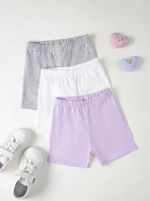 SHEIN 3 件套女童牛奶丝面料舒适紧身裤，粉色、紫色和灰色，百搭休闲短裤 - 彩色 - 查看 3