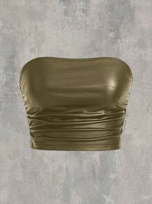 SHEIN EZwear 女士纯色褶皱简约抹胸，休闲日常穿着 - 軍綠色 - 查看 1