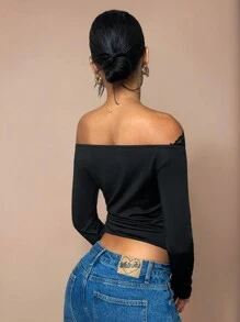 Glamine 1 pieza Blusa con manga larga y hombro descubierto decorada con encaje para mujeres, otoño/invierno - Negro - Ver 2