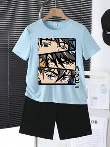 SHEIN 2 件套青少年男童休闲简约圆领短袖短裤套装，适合夏季