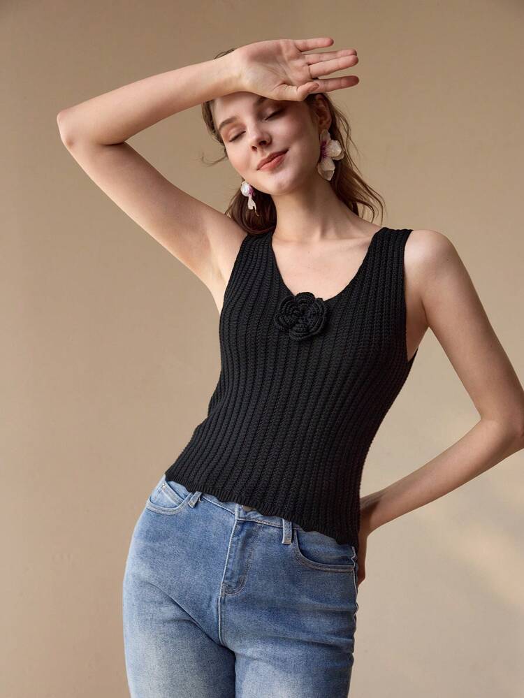 STEREO FLORAL RIBBED KNIT TOP,SPRING/SUMMER