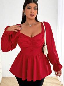 Flirla 大码女式红色长袖优雅纽扣衬衫，适合约会和派对新年服装荷叶边上衣