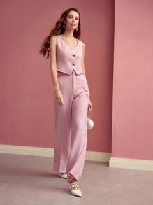 MOTF PREMIUM BUTTON UP ASYMMETRICAL HEM WAISTCOAT,VALENTINE'S DAY - Pink - View 6