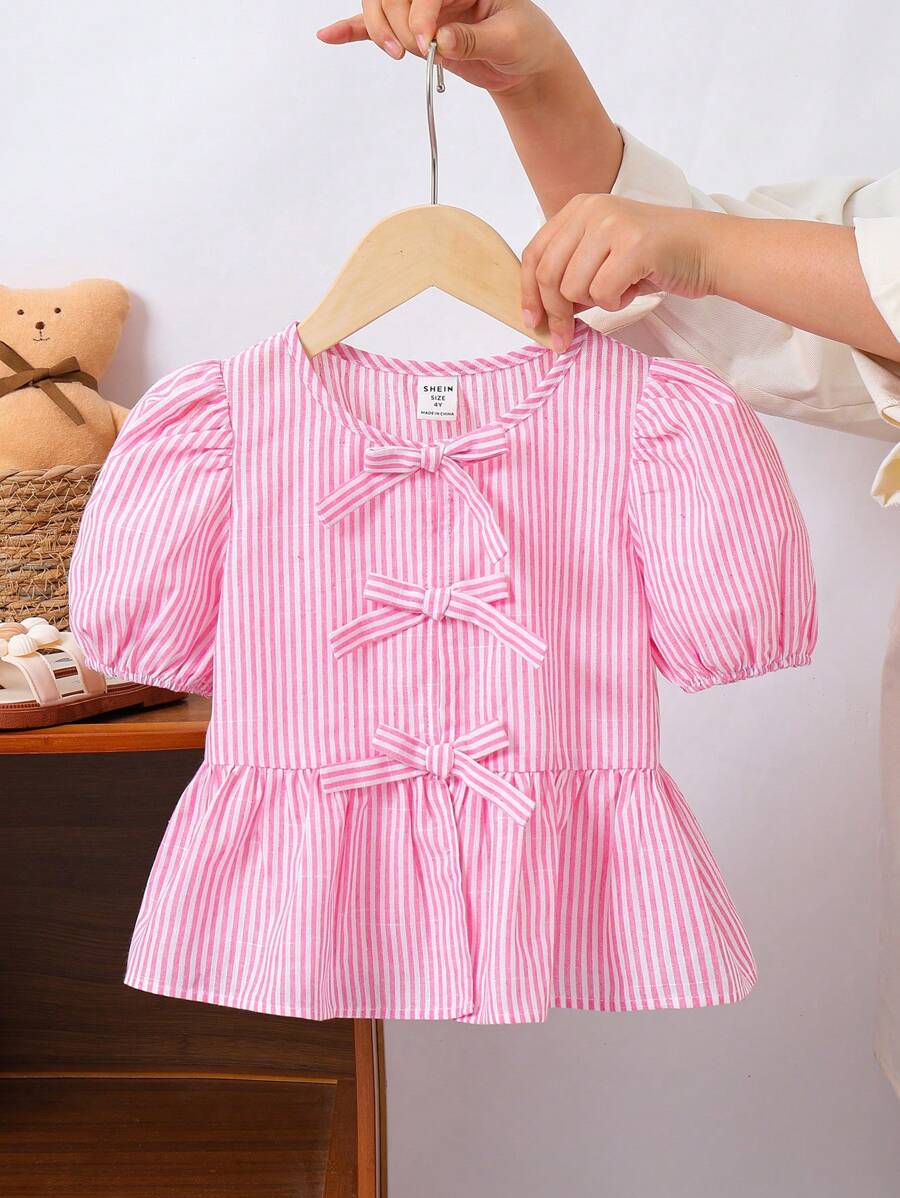 SHEIN LMoss Kids Young Girl Woven Striped Round Neck Puff Sleeve Casual Shirt - Pink - View 1