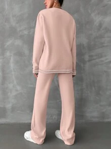 SHEIN Cottnline 女款圓領長袖毛衣與針織長褲休閒兩件套，秋冬款 - 粉色 - 查看 3