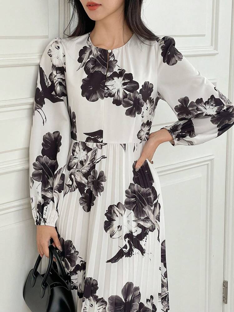 French Vintage Style Oversized Floral Cinched Waist Pleated Long Dress For Women, Fall Dress Long Sleeve Dress