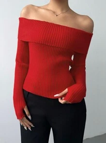 SHEIN BASICS 1pc Women's Minimalist Off-Shoulder Fitted Long Sleeve Sweater - Red - View 5