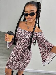 Teen Girl Leopard Print Off Shoulder Flare Sleeve Bodycon Mini Dress - Hot Pink - View 1
