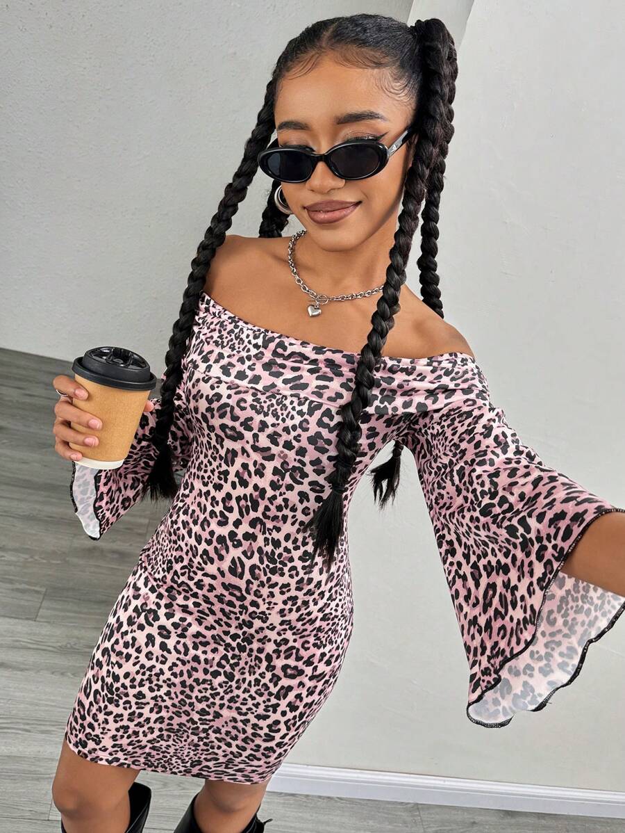 Teen Girl Leopard Print Off Shoulder Flare Sleeve Bodycon Mini Dress - Hot Pink - View 1