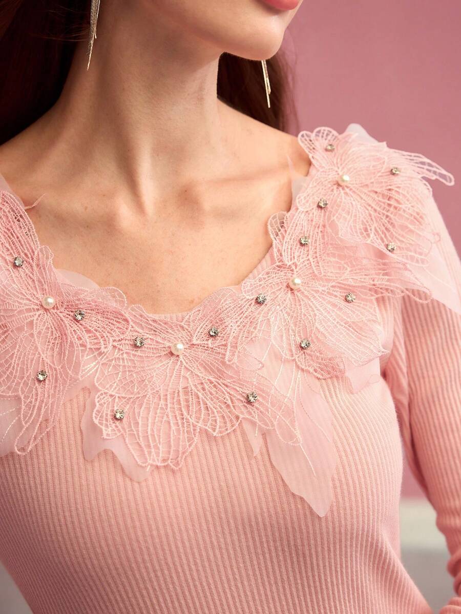 MOTF PREMIUM Top con dettagli di applicazioni e cristalli - Rosa - Visualizzare 2