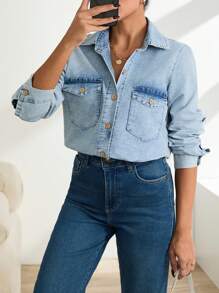 EURMUSE Women's Casual Roll-Up Sleeve Washed Denim Blouse For Autumn - Blue - View 6