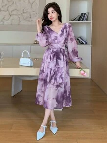 DAZY Vestido con estampado floral de manga abullonada y cuello en V de longitud media para mujeres