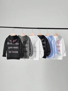 SHEIN Tween Girl Autumn/Winter New Arrival Back Embroidered Text & Letter Hooded Sweatshirt