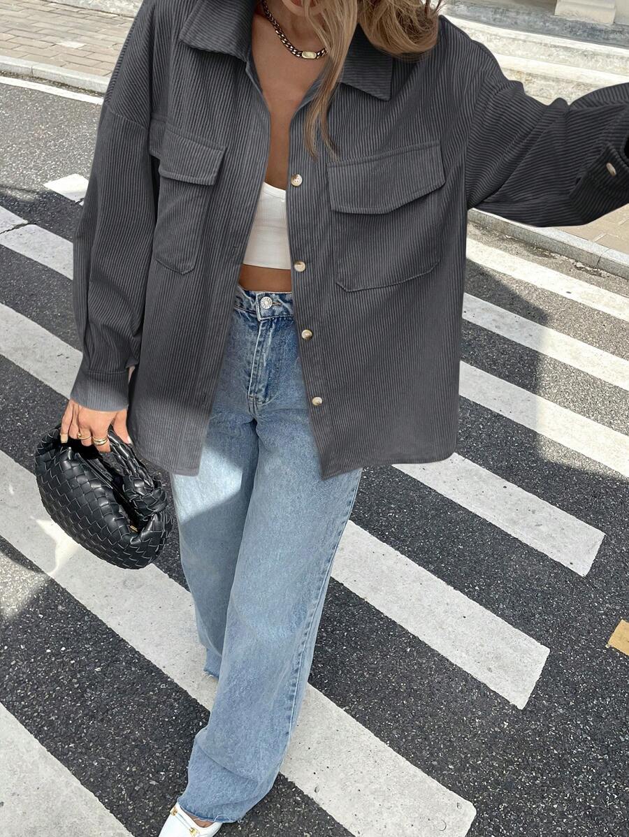 SHEIN Frenchy Women's Solid Color Drop Shoulder Long Sleeve Utility Pocket Regular Jacket, Autumn Winter - Dark Grey - View 1