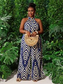Slaydiva Combinaison à jambes larges avec motif rayures et diamants, sans manches, grande taille, adaptée aux vacances et à l'usage quotidien