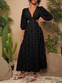 Travachic 假日编织刺绣 V 领连衣裙、秋季泡泡袖连衣裙、秋季女装、女士连衣裙、高个子女士、长裙、秋季女士连衣裙 - 黑色 - 查看 5