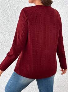 SHEIN LUNE Plus Size Women Solid Color Round Neck Long Sleeve Casual T-Shirt, Autumn - Burgundy - View 2