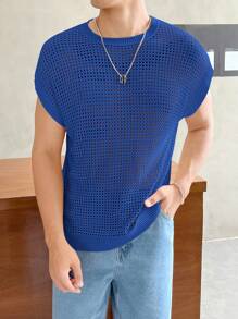 Manfinity Homme Top de punto abierta de manga de murciélago de unicolor y corte holgado para hombre - Azul - Ver 6