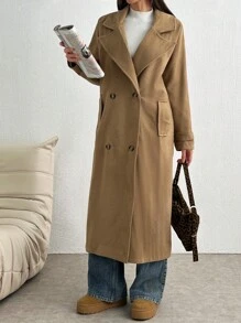 SHEIN Tall Double Breasted Button Detailed Drop Shoulder Long Overcoat - Rust Brown - View 7