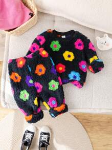 SHEIN Leap Crew Bộ đồ dài tay in hoa dễ thương cho bé gái, ấm áp cho mùa thu/đông - Xám - Xem 5