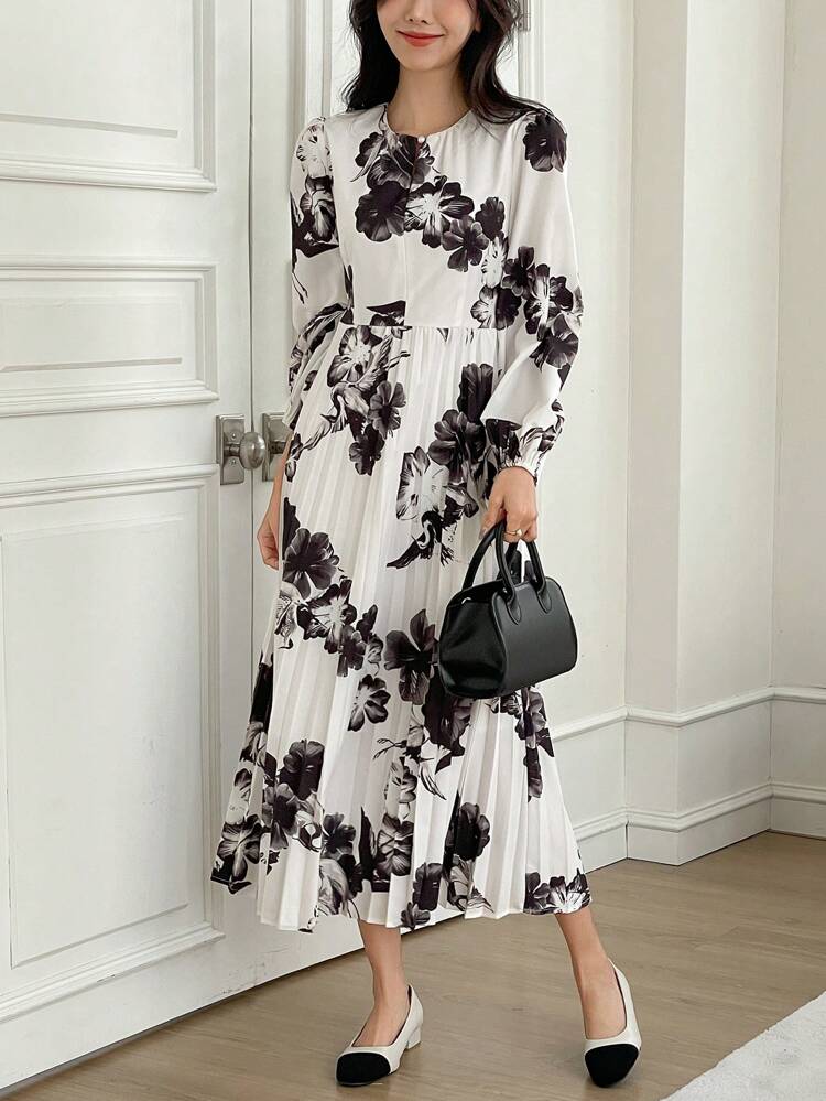 French Vintage Style Oversized Floral Cinched Waist Pleated Long Dress For Women, Fall Dress Long Sleeve Dress