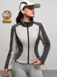 Exploreva Damen Kontrast-Farben Langarm Reißverschluss Stehkragen Sportsweatshirt Jacke