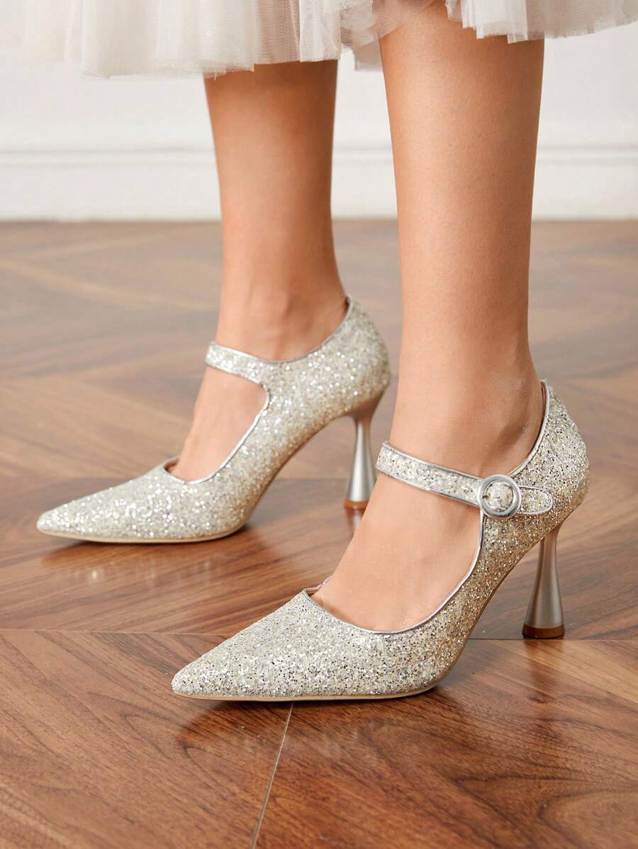 CUCCOO HITCHD Fashionable Elegant Sparkling Sequins Pointed Toe High Heel Pumps For Christmas And New Year Holiday Vibe Fall And Winter - Silver - View 1