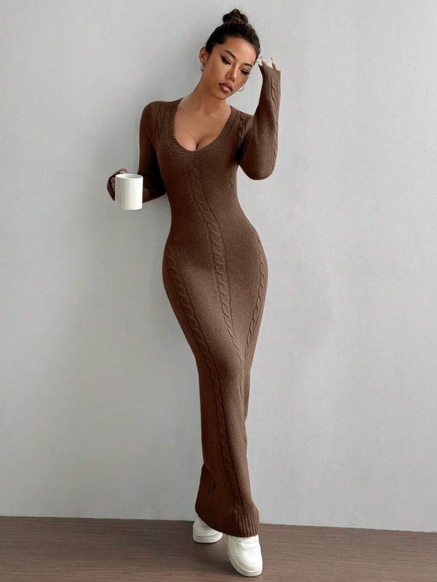 SHEIN Unity Long Casual V-Neck Versatile Sweater Dress - Chocolate Brown - View 1