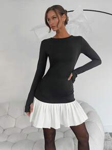 SHEIN Essnce Women Solid Color Block Round Neck Long Sleeve Simple Casual Mini Dress - Black and White - View 1