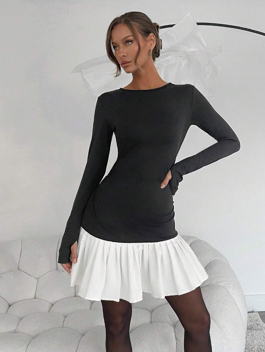 SHEIN Essnce Women Solid Color Block Round Neck Long Sleeve Simple Casual Mini Dress - Black and White - View 1