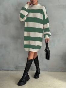 EURMUSE Women Drop Shoulder Sweater Dress With Striped Pattern - Mint Green - View 2