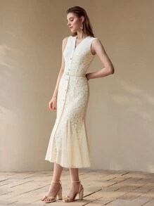 MOTF PREMIUM 蕾丝对比网眼美人鱼下摆连衣裙 - 白色 - 查看 6