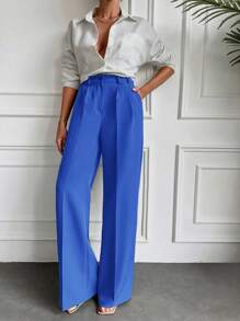 EURMUSE Solid Slant Pocket Wide Leg Suit Pants - Dusty Blue - View 4