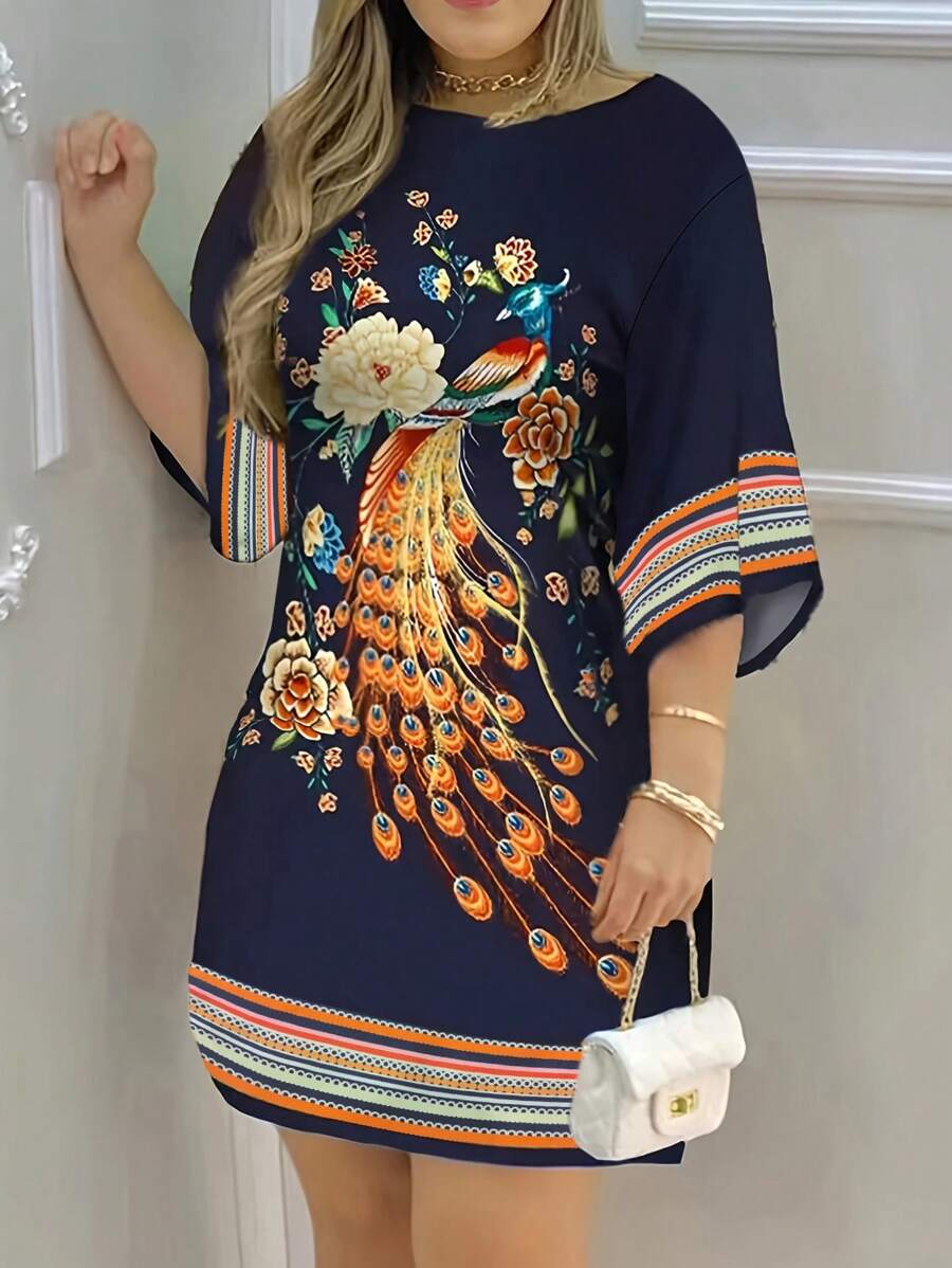 SHEIN LUNE 女式孔雀和花卉印花鈴袖連衣裙 - 藏蓝色 - 查看 1