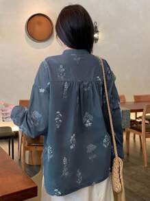 Women Blue Loose Floral Embroidered Shirt, Stand Collar, Spring,Fall Clothes Long Sleeve Top - Navy Blue - View 5