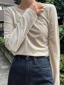 FRIFUL 女士休闲圆领串珠长袖T恤，秋季女装