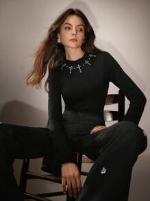 Anewsta 优雅圆领水钻装饰针织喇叭袖保暖毛衣，柔软针织 T 恤，适合秋冬季