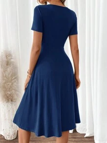 SHEIN Clasi 女士优雅 V 领短袖绿色 A 字连衣裙 - 藏蓝色 - 查看 2