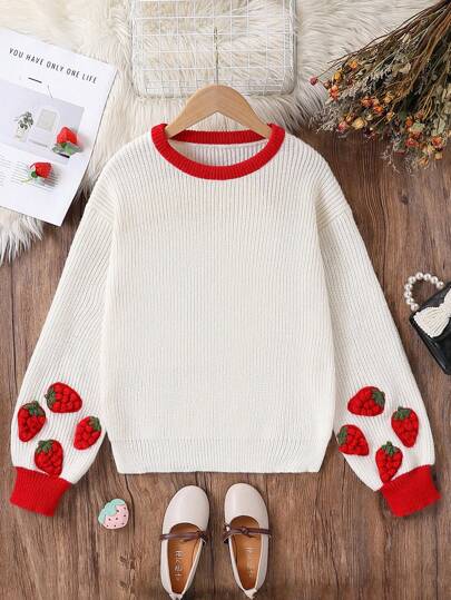 SHEIN 少女简约草莓刺绣针织毛衣，长袖，适合春秋冬季时尚