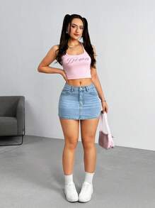 SHEIN MOD Coolmax High Waist Denim Skirt - Light Wash - View 5